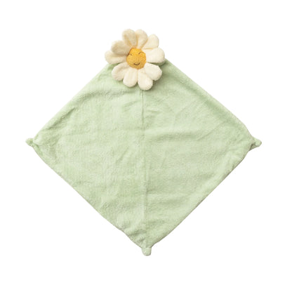 Green baby blanket with a flower on a white background