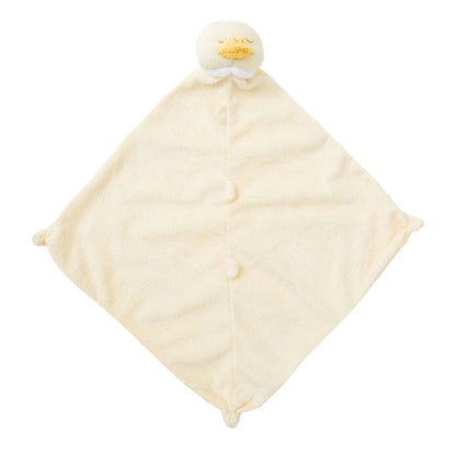 Cream-colored plush baby comfort blanket with duck head design on a white background