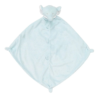 Light blue plush blanket with elephant toy on a white background