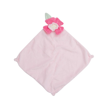 Pink baby blanket with a unicorn design on a white background