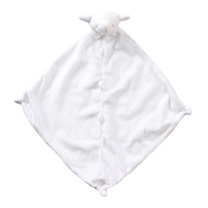 White soft baby comfort blanket with a small white plush toy on a white background