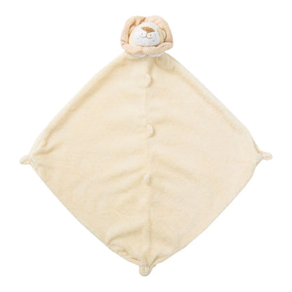 Cream-colored baby comfort blanket with a lion head on a white background
