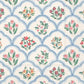 Patterned fabric with floral design and blue geometric shapes