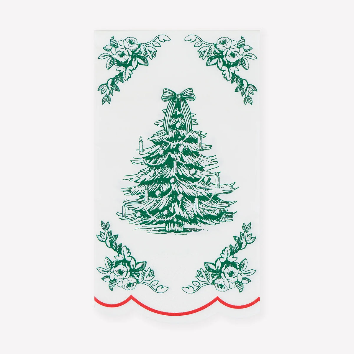 A white rectangular decorative panel or sign featuring a green illustrated Christmas tree in the center, floral corner motifs, and a red scalloped border along the bottom, shown against a light gray background.
