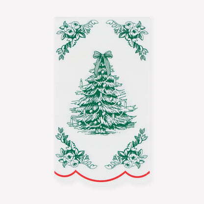 A white rectangular decorative panel or sign featuring a green illustrated Christmas tree in the center, floral corner motifs, and a red scalloped border along the bottom, shown against a light gray background.