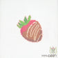 Cross-stitched strawberry design on a white background with a brand logo in the corner.