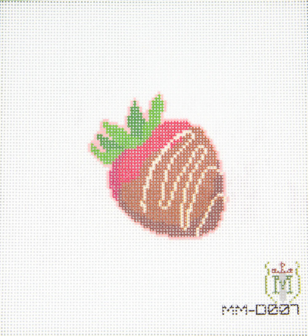 Cross-stitched strawberry design on a white background with a brand logo in the corner.