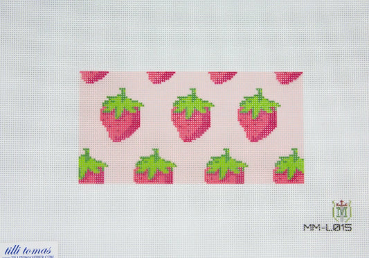 A needlepoint canvas featuring a repeating pattern of pink strawberries with green tops on a light pink background, shown on a white mesh grid with brand markings in the corners.