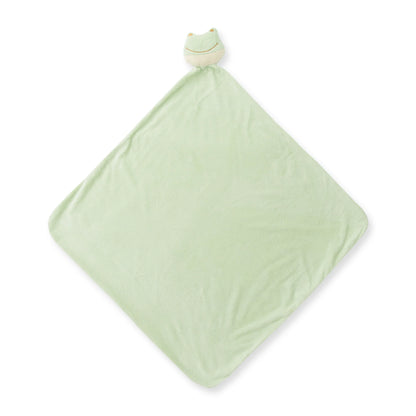 Light green baby comfort blanket with a frog-shaped tag on a white background