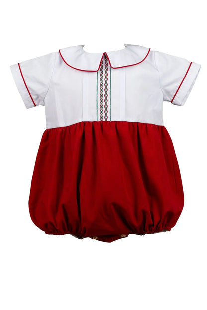 Baby romper with white top and red bottom on a white background