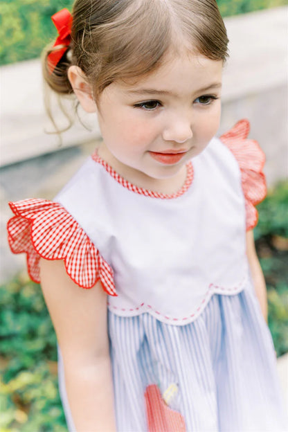 Young girl wearing a light blue dress with red accents outdoors