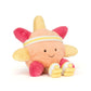 Plush toy starfish with pink and yellow colors on a white background