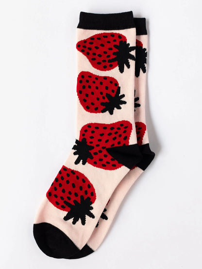 Socks with strawberry pattern on a beige background