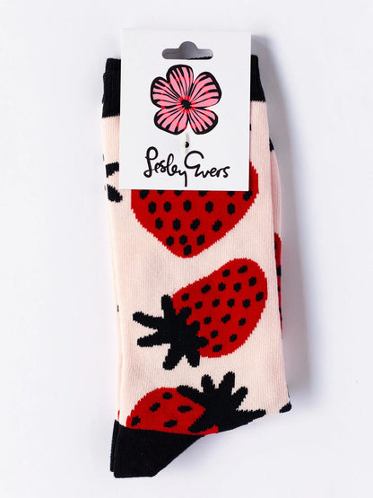 Socks with strawberry pattern on a white background