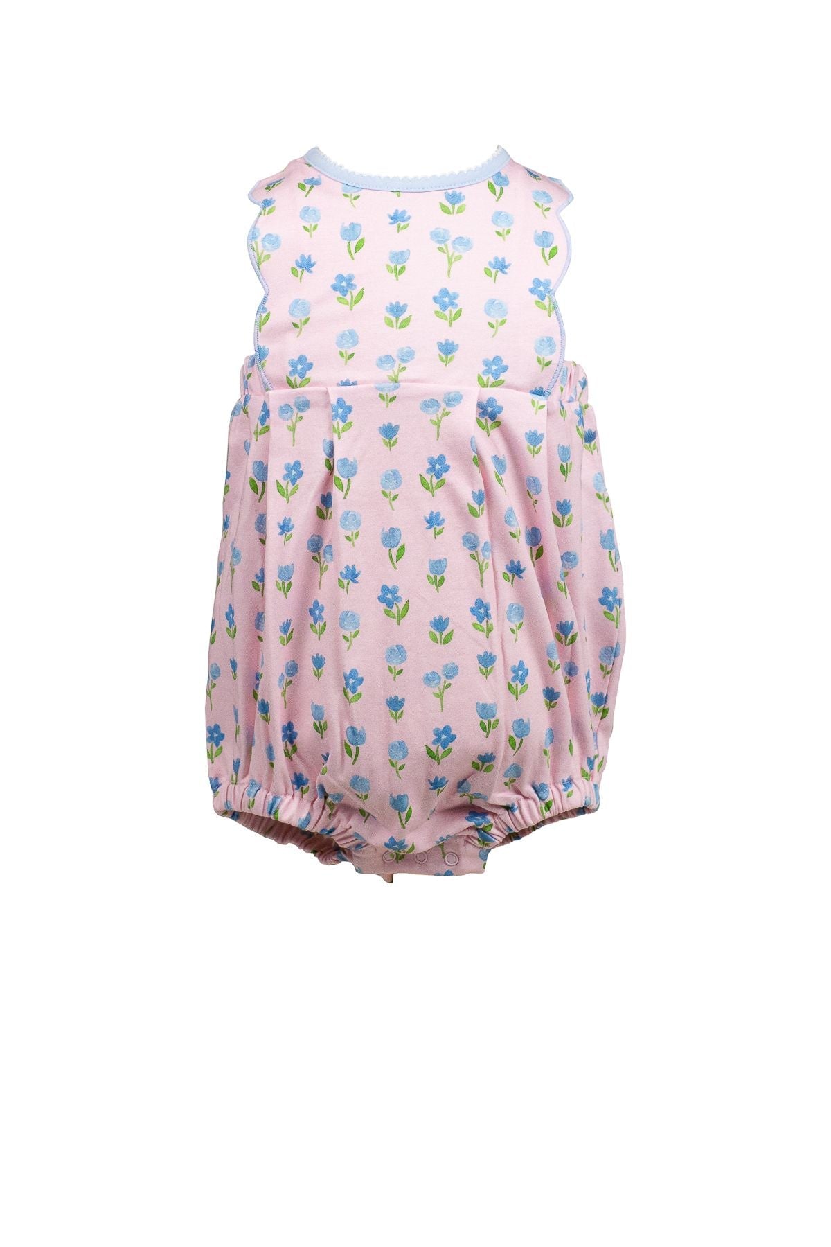 Pink floral baby romper on a white background