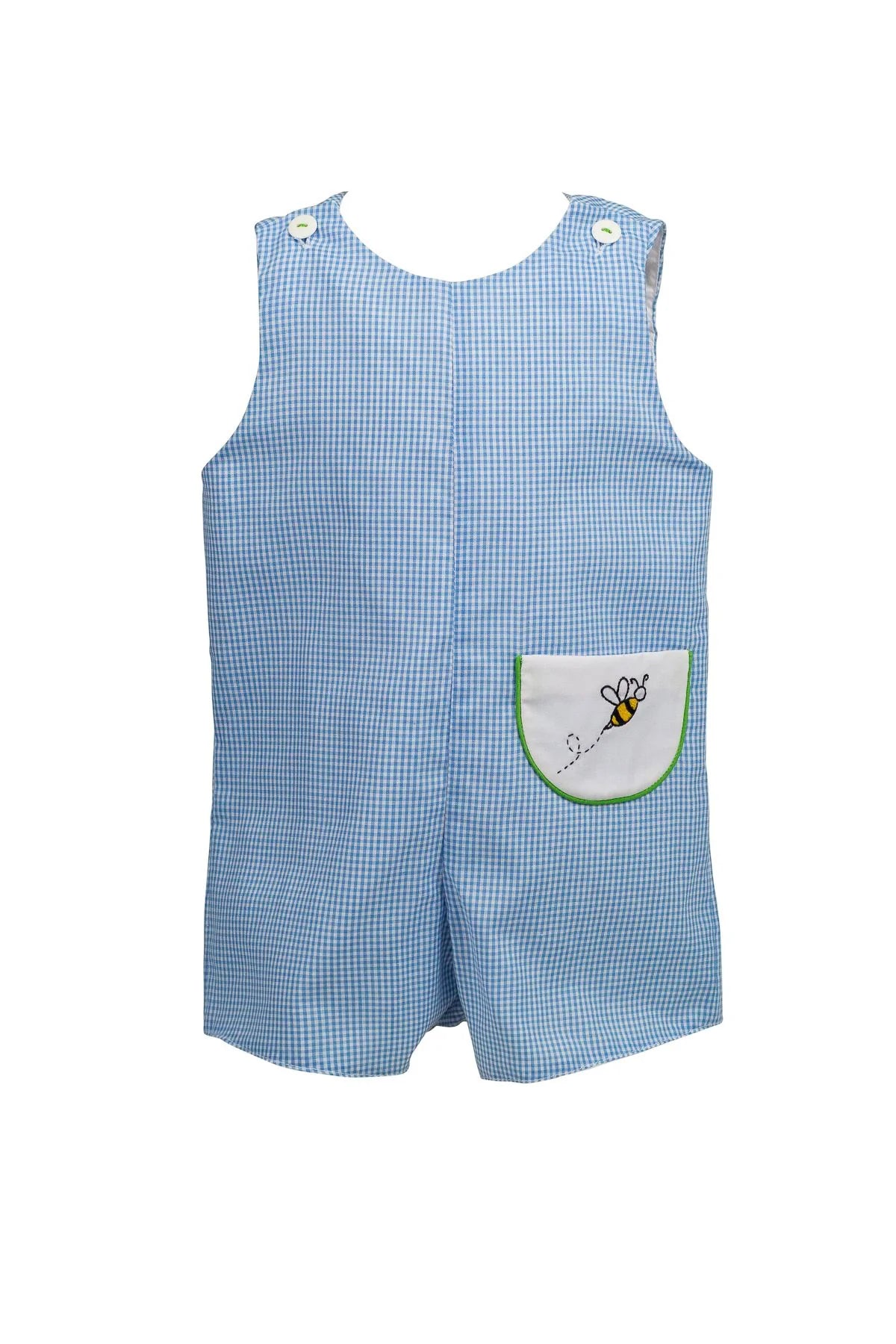 Blue checkered romper with a pocket featuring a bee design on a white background