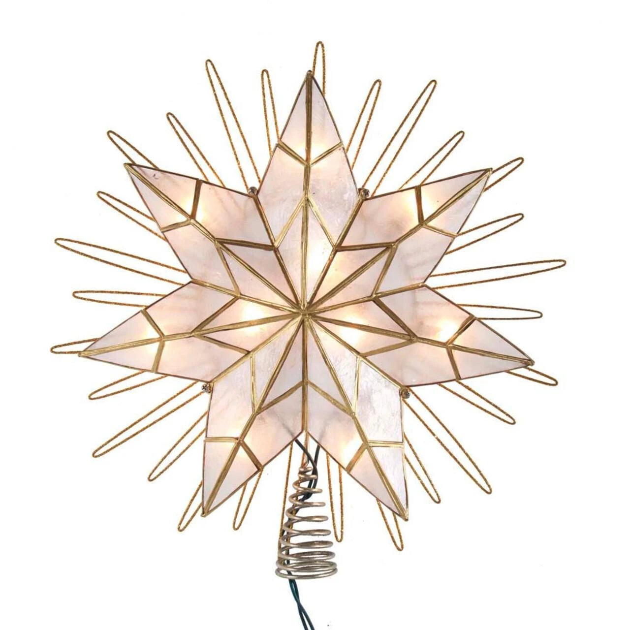 A lit eight-pointed star tree topper with white marbled glass panels outlined in gold metal, mounted on a coiled spring base with an attached power cord, shown against a plain white background.