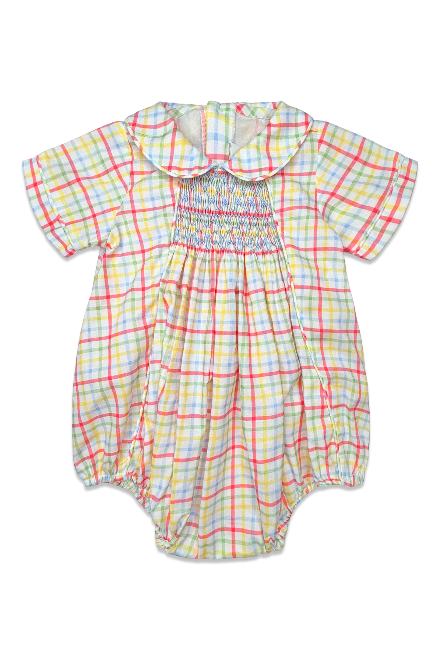 A baby short-sleeve romper with a smocked chest and a colorful plaid pattern on a white background.