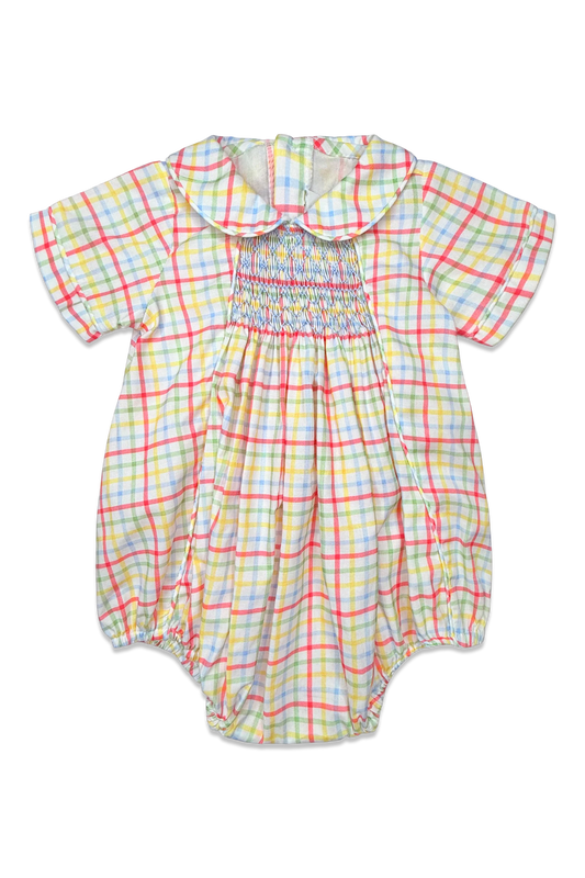 A baby short-sleeve romper with a smocked chest and a colorful plaid pattern on a white background.