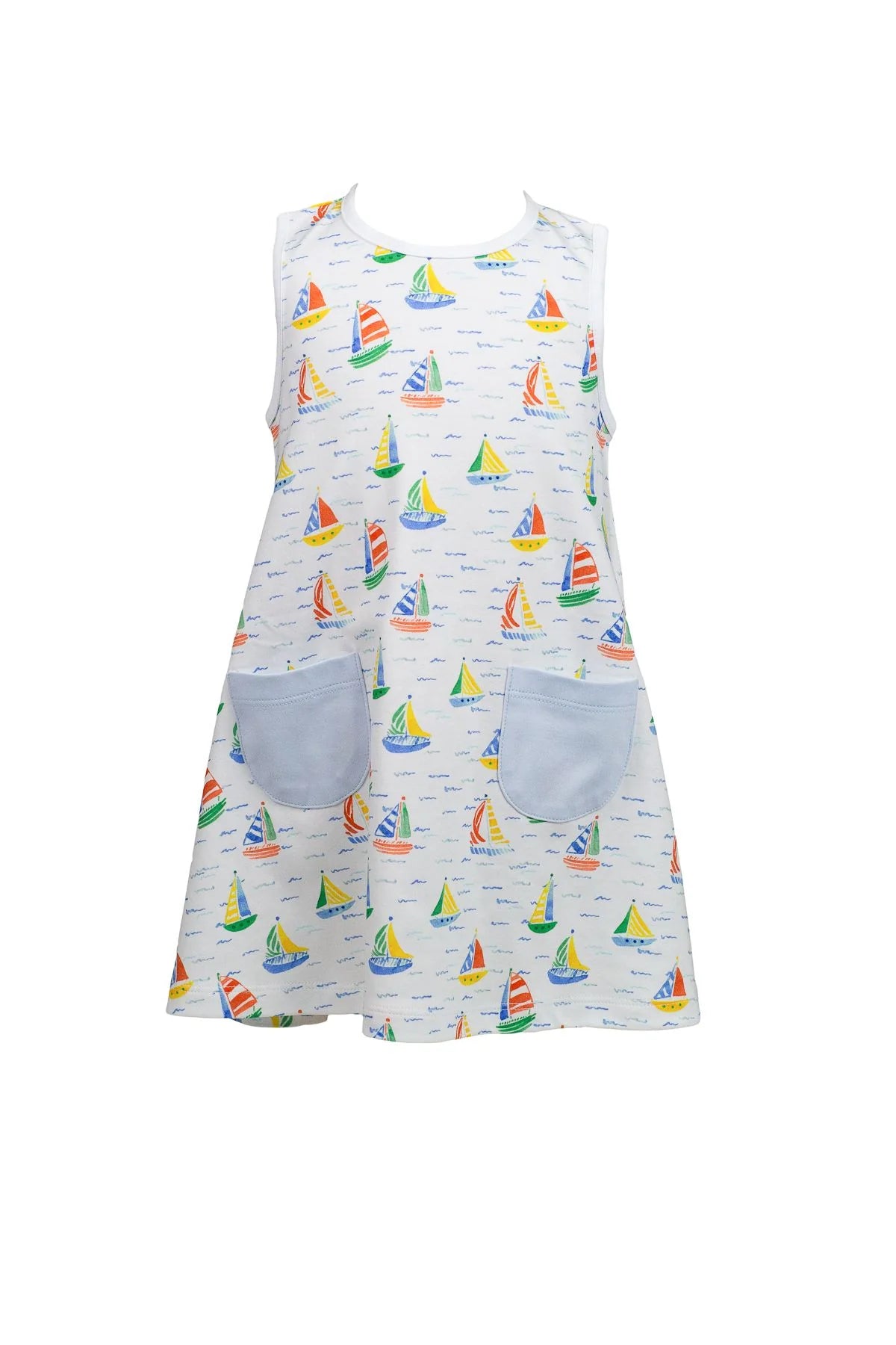 Dress with sailboat pattern and blue pockets on a white background