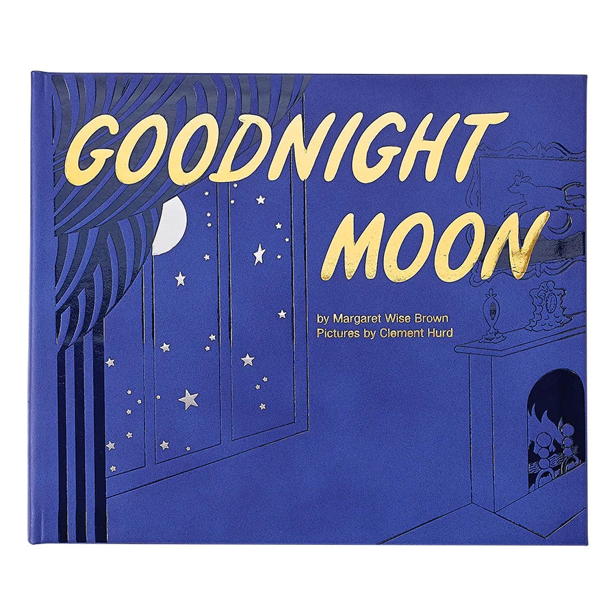 The cover of the book 'Goodnight Moon' shows a blue illustration of a nighttime scene with a moon and stars, featuring a bedroom with a child and a cat.