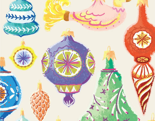 A set of colorful Christmas-themed cocktail napkins featuring a variety of ornamental designs.