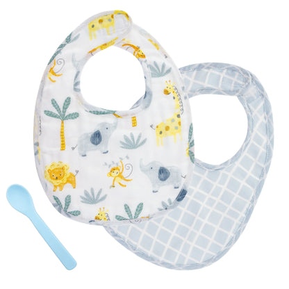 stephen joseph muslin bib set with silicon spoon for baby